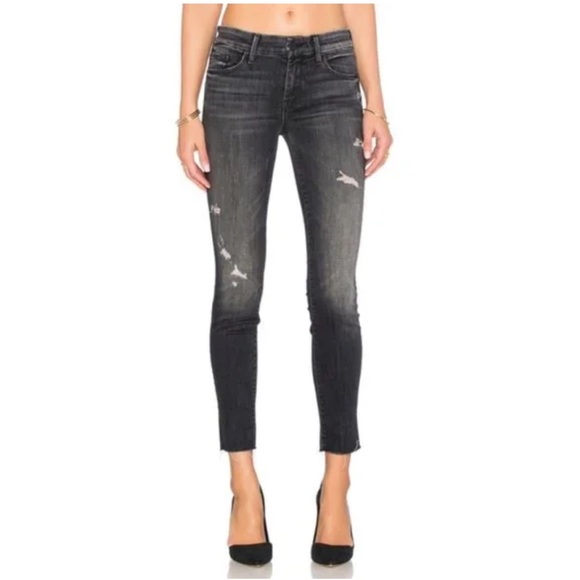 MOTHER Denim - MOTHER STRETCH FADED BLACK DISTRESSED CRASH BURN LOOKER ANKLE FRAY SKINNY JEANS